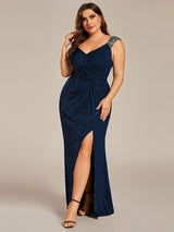 pretty NOIRE|Plus Size Glitter V-Neck High Slit Sequin Shoulder Strap Evening Dress