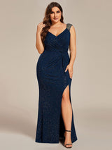 pretty NOIRE|Plus Size Glitter V-Neck High Slit Sequin Shoulder Strap Evening Dress