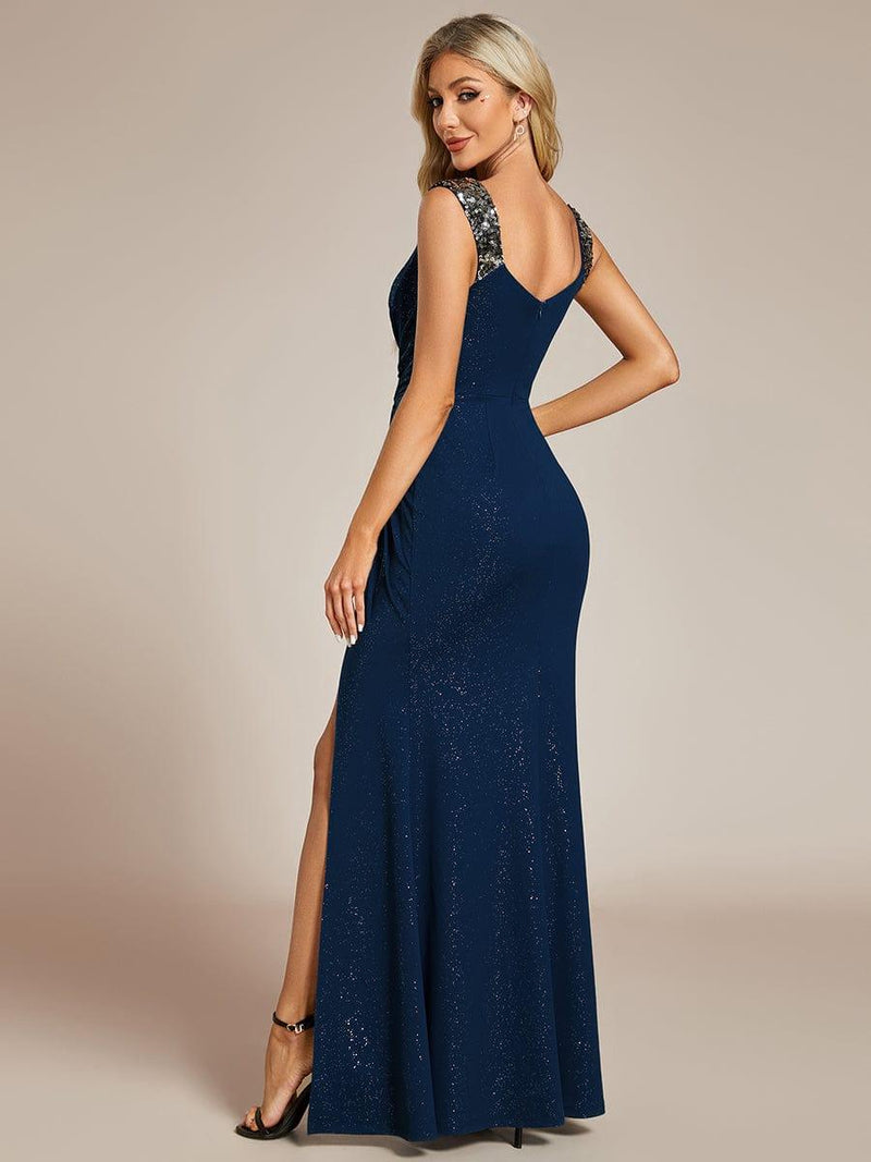 ever NOIRE|Glitter V-Neck High Slit Sequin Shoulder Strap Evening Dress