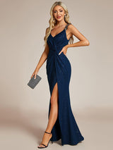 ever NOIRE|Glitter V-Neck High Slit Sequin Shoulder Strap Evening Dress
