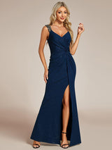 ever NOIRE|Glitter V-Neck High Slit Sequin Shoulder Strap Evening Dress
