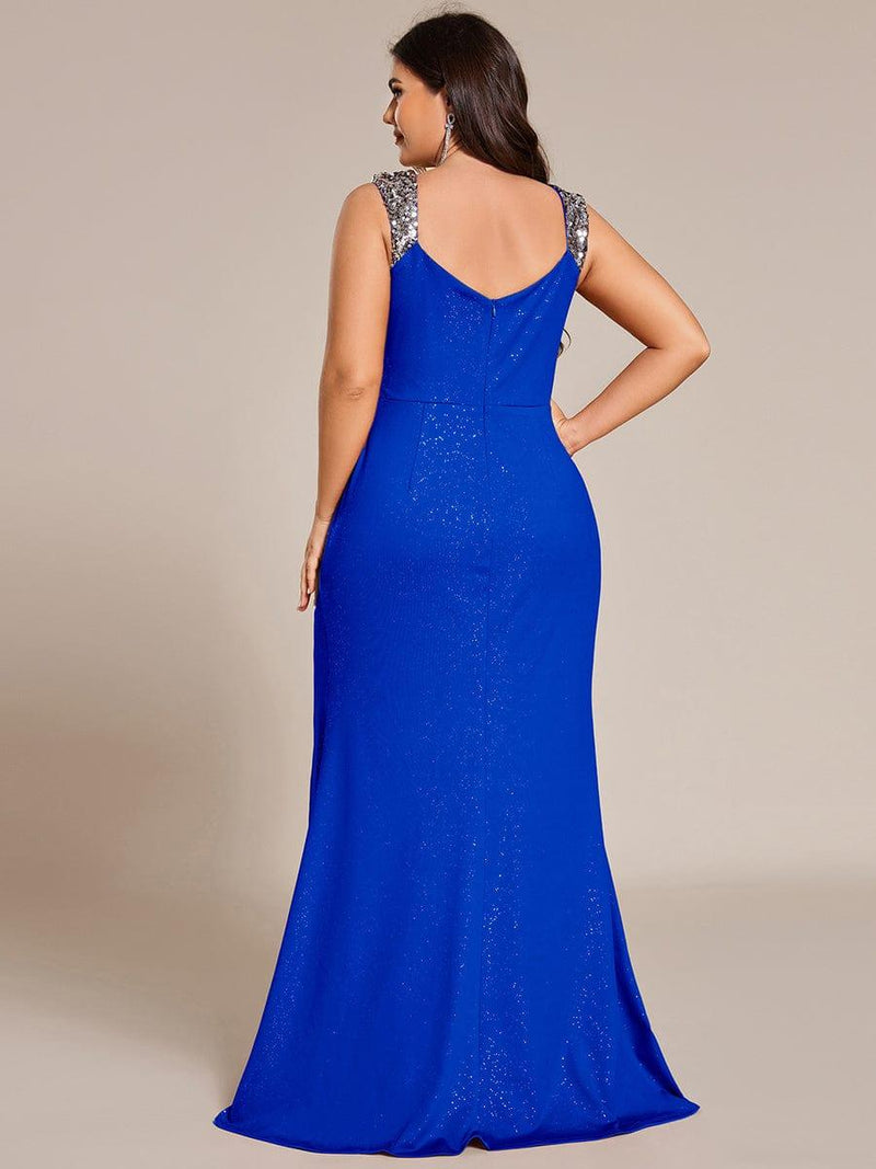 pretty NOIRE|Plus Size Glitter V-Neck High Slit Sequin Shoulder Strap Evening Dress