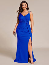 pretty NOIRE|Plus Size Glitter V-Neck High Slit Sequin Shoulder Strap Evening Dress