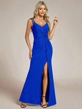 ever NOIRE|Glitter V-Neck High Slit Sequin Shoulder Strap Evening Dress