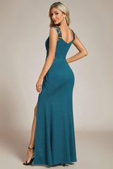 ever NOIRE|Glitter V-Neck High Slit Sequin Shoulder Strap Evening Dress
