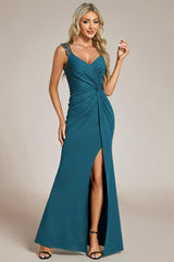 ever NOIRE|Glitter V-Neck High Slit Sequin Shoulder Strap Evening Dress