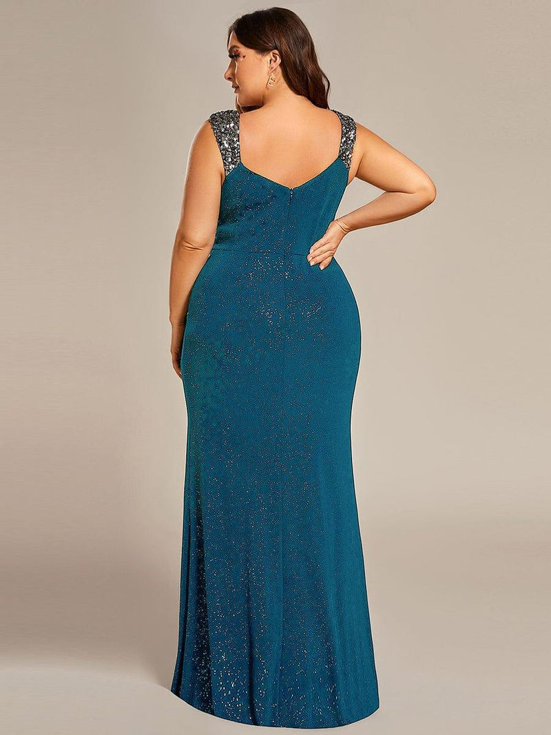 pretty NOIRE|Plus Size Glitter V-Neck High Slit Sequin Shoulder Strap Evening Dress