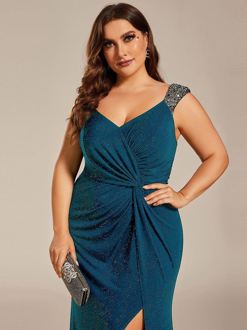ever NOIRE|Glitter V-Neck High Slit Sequin Shoulder Strap Evening Dress