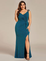 pretty NOIRE|Plus Size Glitter V-Neck High Slit Sequin Shoulder Strap Evening Dress