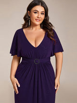 ever LUXE|Glittery V-Neck Pleated Bat-Wing Sleeve Bodycon Waist-Cinching Evening Dress