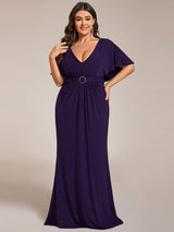 ever LUXE|Glittery V-Neck Pleated Bat-Wing Sleeve Bodycon Waist-Cinching Evening Dress