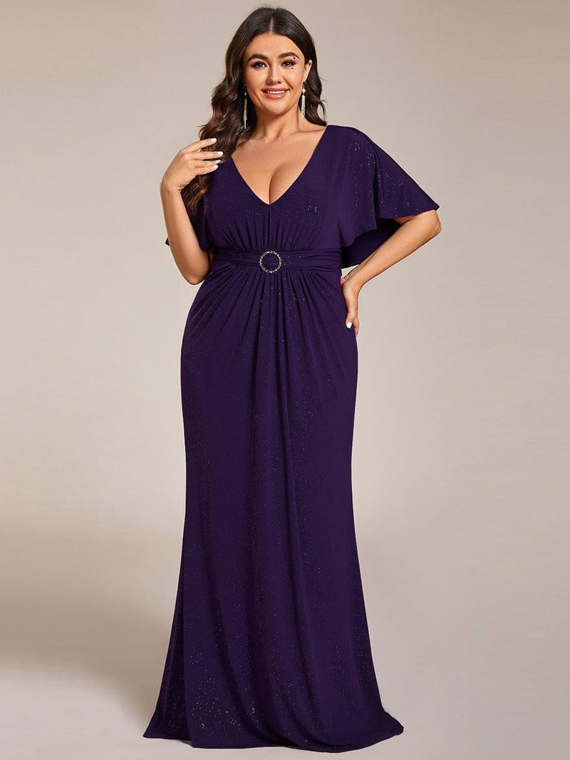 ever LUXE|Glittery V-Neck Pleated Bat-Wing Sleeve Bodycon Waist-Cinching Evening Dress