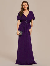 ever LUXE|Glittery V-Neck Pleated Bat-Wing Sleeve Bodycon Waist-Cinching Evening Dress