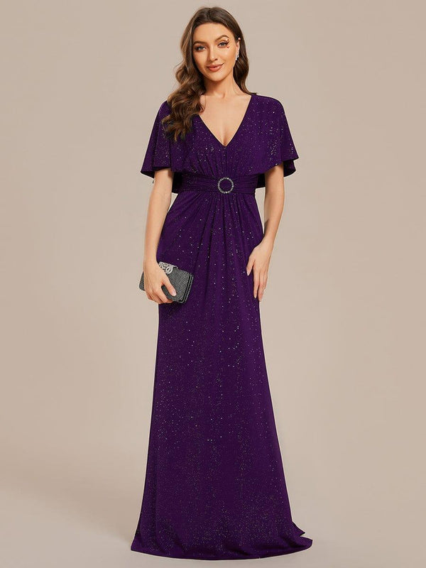 ever LUXE|Glittery V-Neck Pleated Bat-Wing Sleeve Bodycon Waist-Cinching Evening Dress