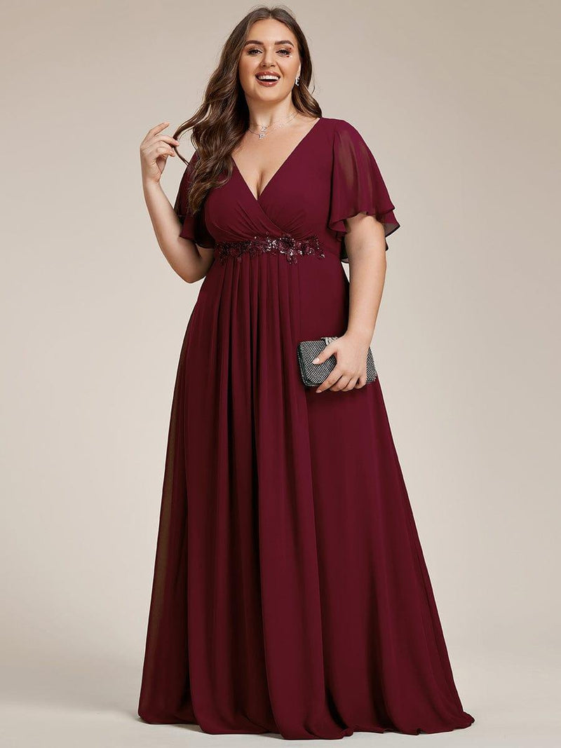 ever IVYROSE|Ruffles Sleeve A-Line Chiffon Waist Applique Maxi Formal Evening Dress