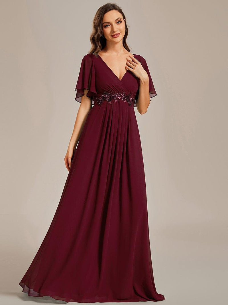 ever IVYROSE|Ruffles Sleeve A-Line Chiffon Waist Applique Maxi Formal Evening Dress
