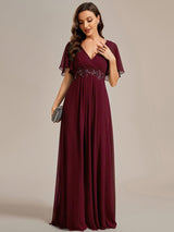 ever IVYROSE|Ruffles Sleeve A-Line Chiffon Waist Applique Maxi Formal Evening Dress