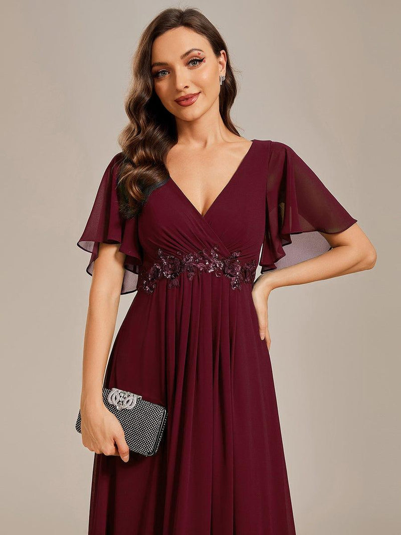 ever IVYROSE|Ruffles Sleeve A-Line Chiffon Waist Applique Maxi Formal Evening Dress