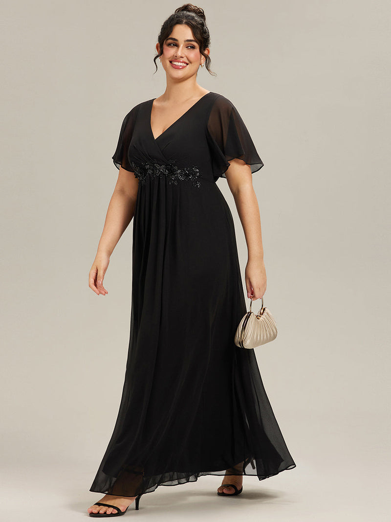 pretty IVYROSE|Plus Size Floral Applique Short Sleeve A-Line Chiffon Formal Evening Dress