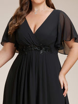 ever IVYROSE|Ruffles Sleeve A-Line Chiffon Waist Applique Maxi Formal Evening Dress