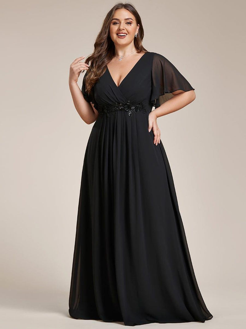 ever IVYROSE|Ruffles Sleeve A-Line Chiffon Waist Applique Maxi Formal Evening Dress