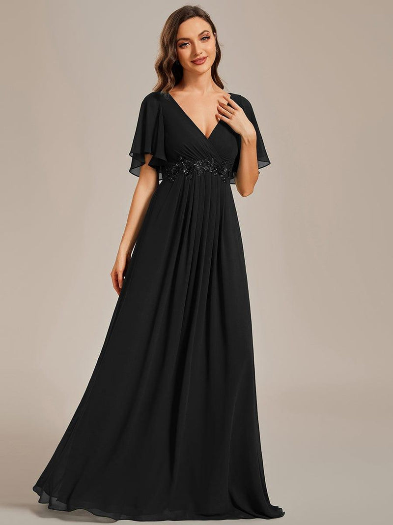 ever IVYROSE|Ruffles Sleeve A-Line Chiffon Waist Applique Maxi Formal Evening Dress