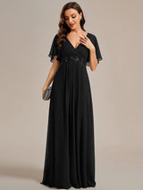 ever IVYROSE|Ruffles Sleeve A-Line Chiffon Waist Applique Maxi Formal Evening Dress