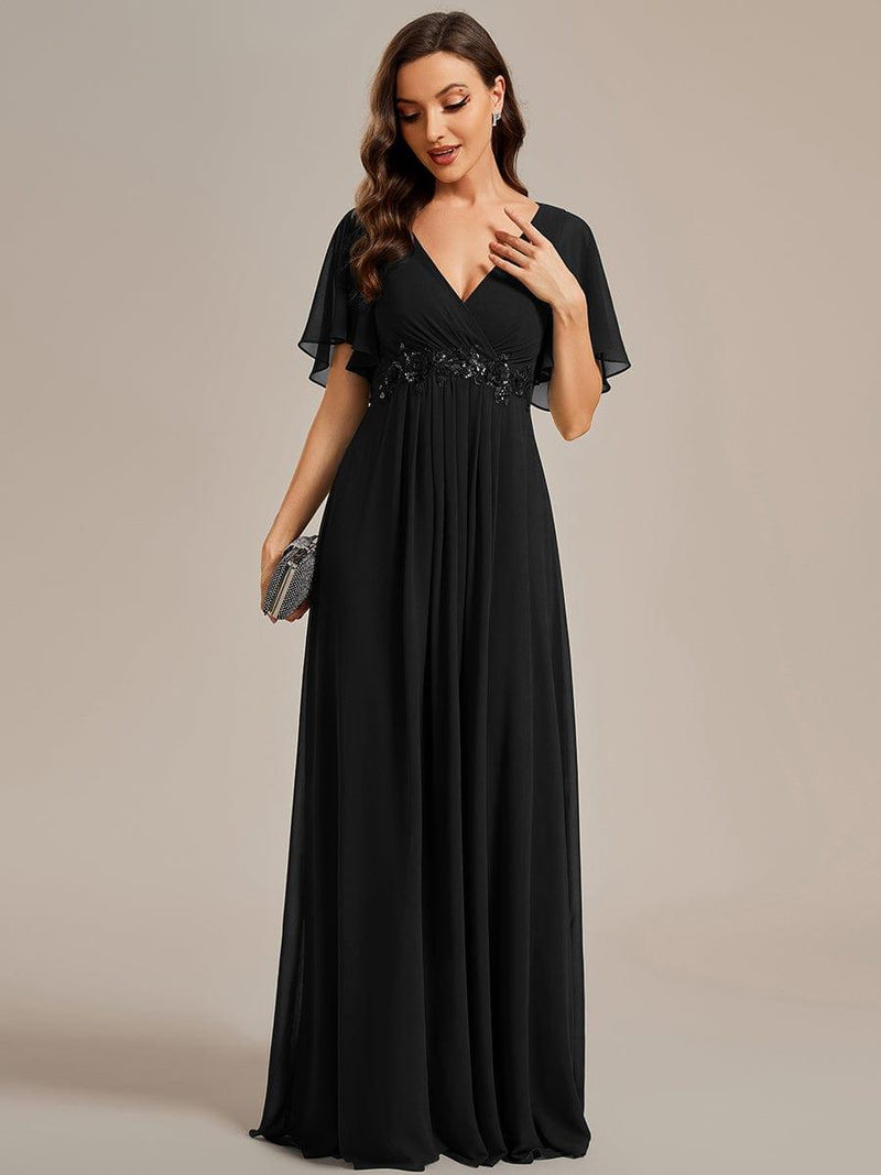 ever IVYROSE|Ruffles Sleeve A-Line Chiffon Waist Applique Maxi Formal Evening Dress