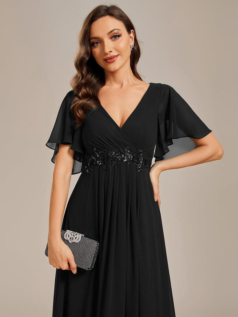 ever IVYROSE|Ruffles Sleeve A-Line Chiffon Waist Applique Maxi Formal Evening Dress