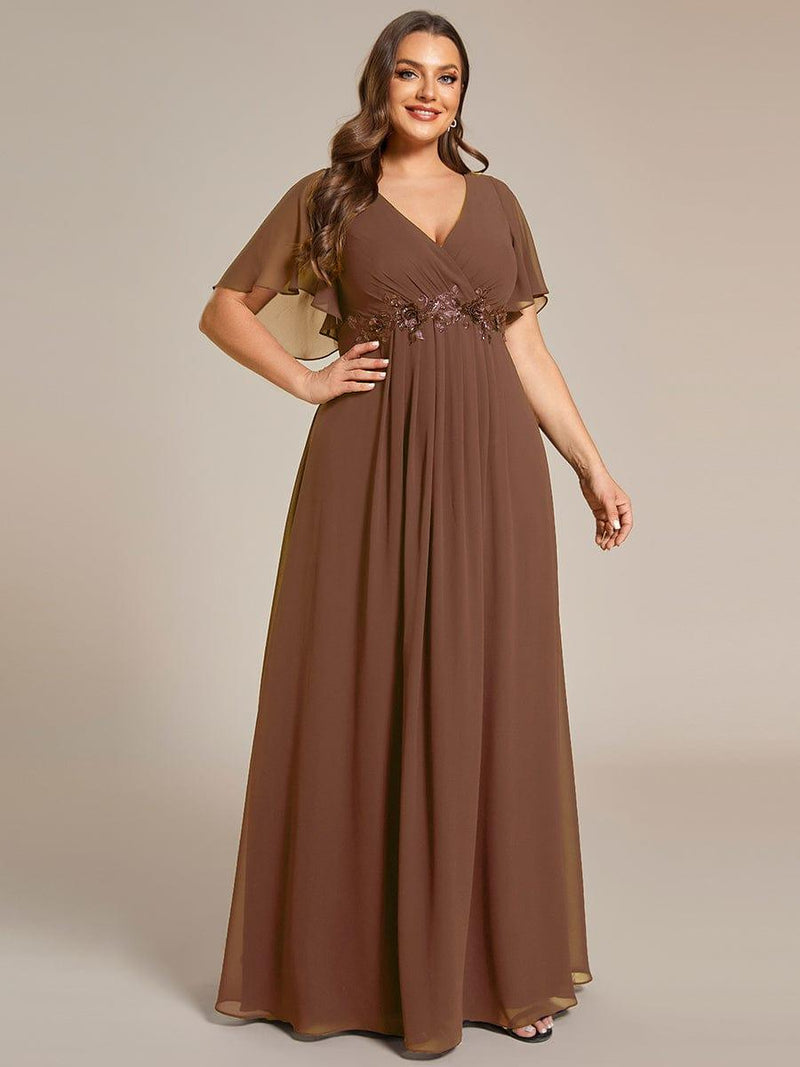 pretty IVYROSE|Plus Size Floral Applique Short Sleeve A-Line Chiffon Formal Evening Dress