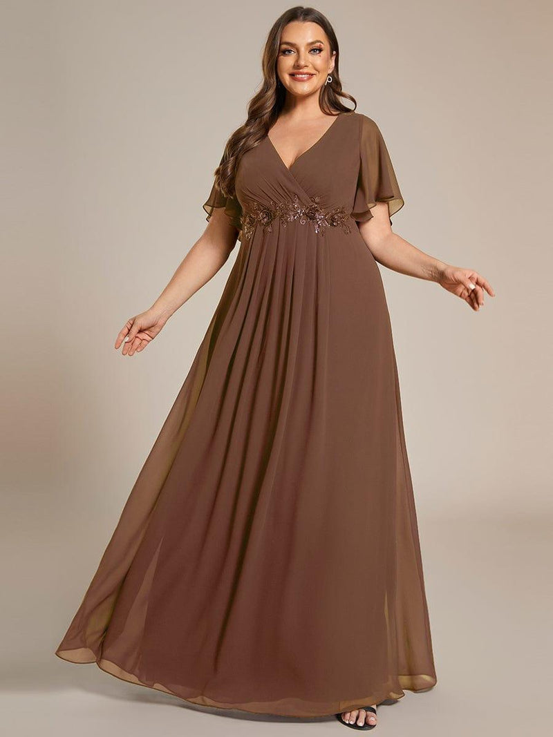 pretty IVYROSE|Plus Size Floral Applique Short Sleeve A-Line Chiffon Formal Evening Dress