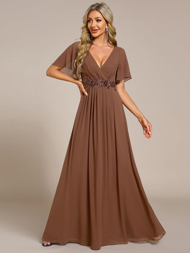 ever IVYROSE|Ruffles Sleeve A-Line Chiffon Waist Applique Maxi Formal Evening Dress