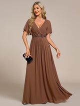 ever IVYROSE|Ruffles Sleeve A-Line Chiffon Waist Applique Maxi Formal Evening Dress