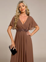 ever IVYROSE|Ruffles Sleeve A-Line Chiffon Waist Applique Maxi Formal Evening Dress