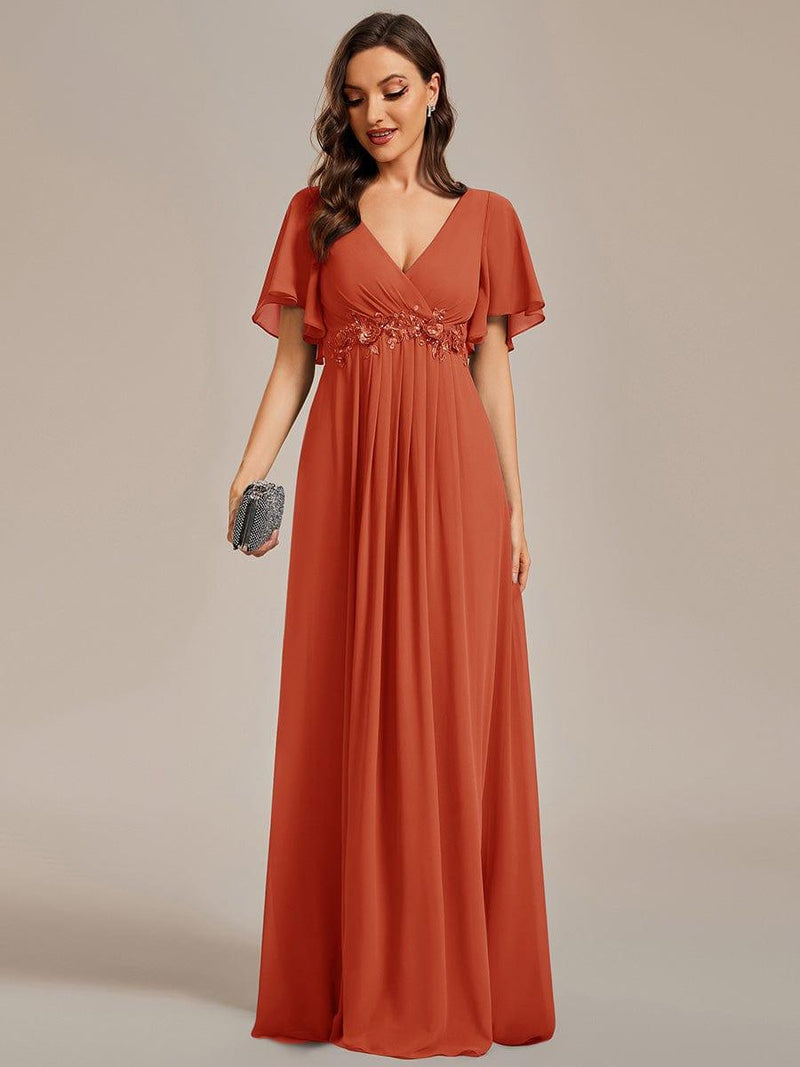 ever IVYROSE|Ruffles Sleeve A-Line Chiffon Waist Applique Maxi Formal Evening Dress