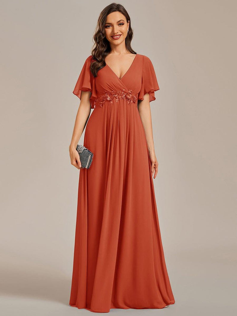 ever IVYROSE|Ruffles Sleeve A-Line Chiffon Waist Applique Maxi Formal Evening Dress