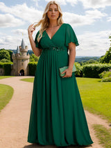 pretty IVYROSE|Plus Size Floral Applique Short Sleeve A-Line Chiffon Formal Evening Dress