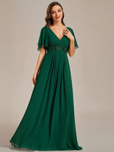 ever IVYROSE|Ruffles Sleeve A-Line Chiffon Waist Applique Maxi Formal Evening Dress