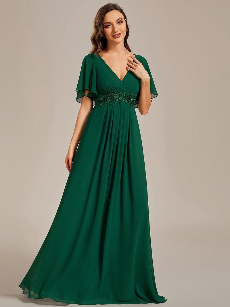 ever IVYROSE|Ruffles Sleeve A-Line Chiffon Waist Applique Maxi Formal Evening Dress