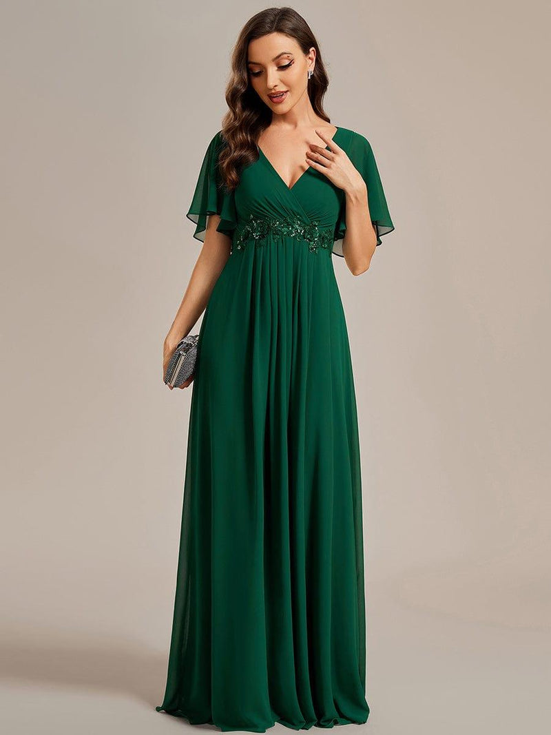 ever IVYROSE|Ruffles Sleeve A-Line Chiffon Waist Applique Maxi Formal Evening Dress