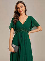 ever IVYROSE|Ruffles Sleeve A-Line Chiffon Waist Applique Maxi Formal Evening Dress