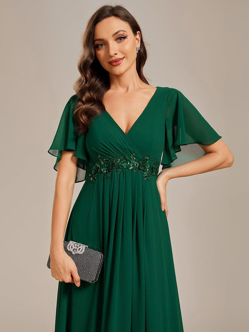 ever IVYROSE|Ruffles Sleeve A-Line Chiffon Waist Applique Maxi Formal Evening Dress