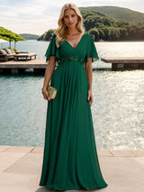 ever IVYROSE|Ruffles Sleeve A-Line Chiffon Waist Applique Maxi Formal Evening Dress
