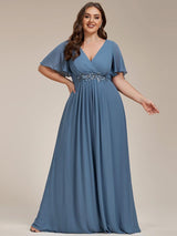ever IVYROSE|Ruffles Sleeve A-Line Chiffon Waist Applique Maxi Formal Evening Dress