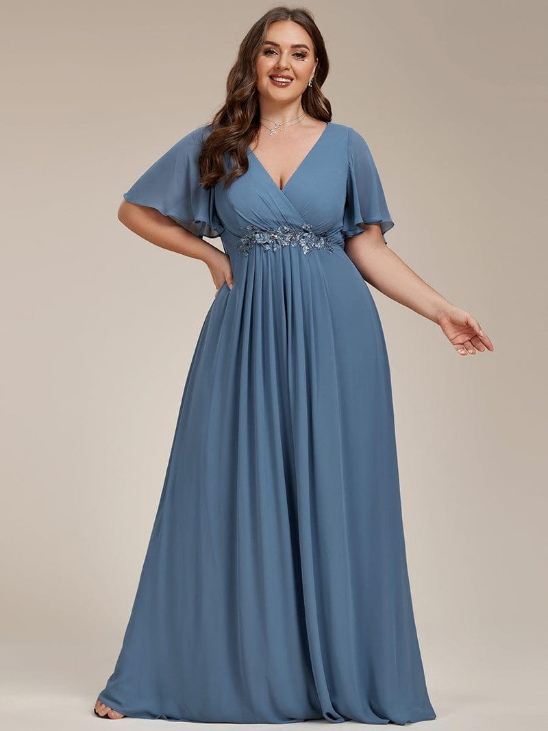 ever IVYROSE|Ruffles Sleeve A-Line Chiffon Waist Applique Maxi Formal Evening Dress