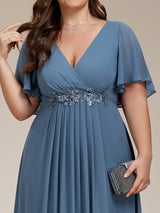 ever IVYROSE|Ruffles Sleeve A-Line Chiffon Waist Applique Maxi Formal Evening Dress