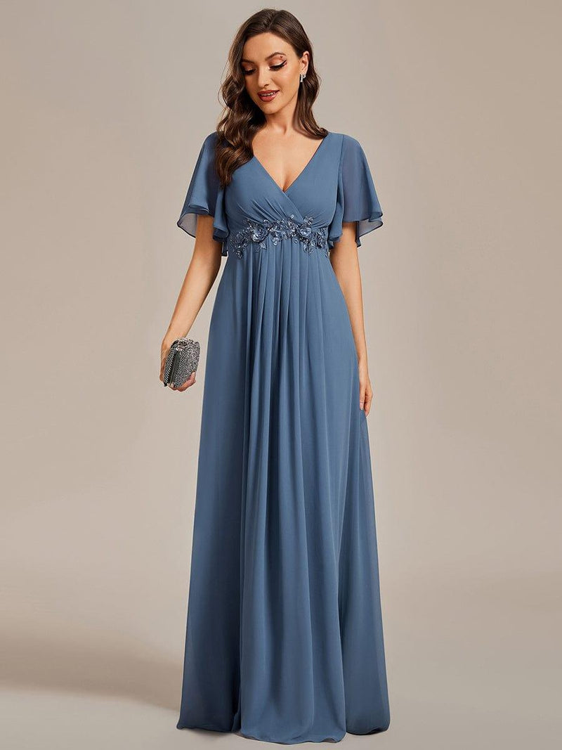 ever IVYROSE|Ruffles Sleeve A-Line Chiffon Waist Applique Maxi Formal Evening Dress