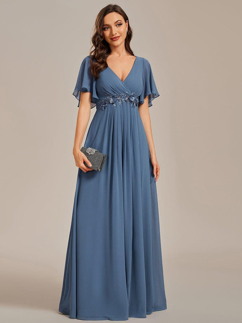 ever IVYROSE|Ruffles Sleeve A-Line Chiffon Waist Applique Maxi Formal Evening Dress