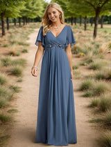 ever IVYROSE|Ruffles Sleeve A-Line Chiffon Waist Applique Maxi Formal Evening Dress