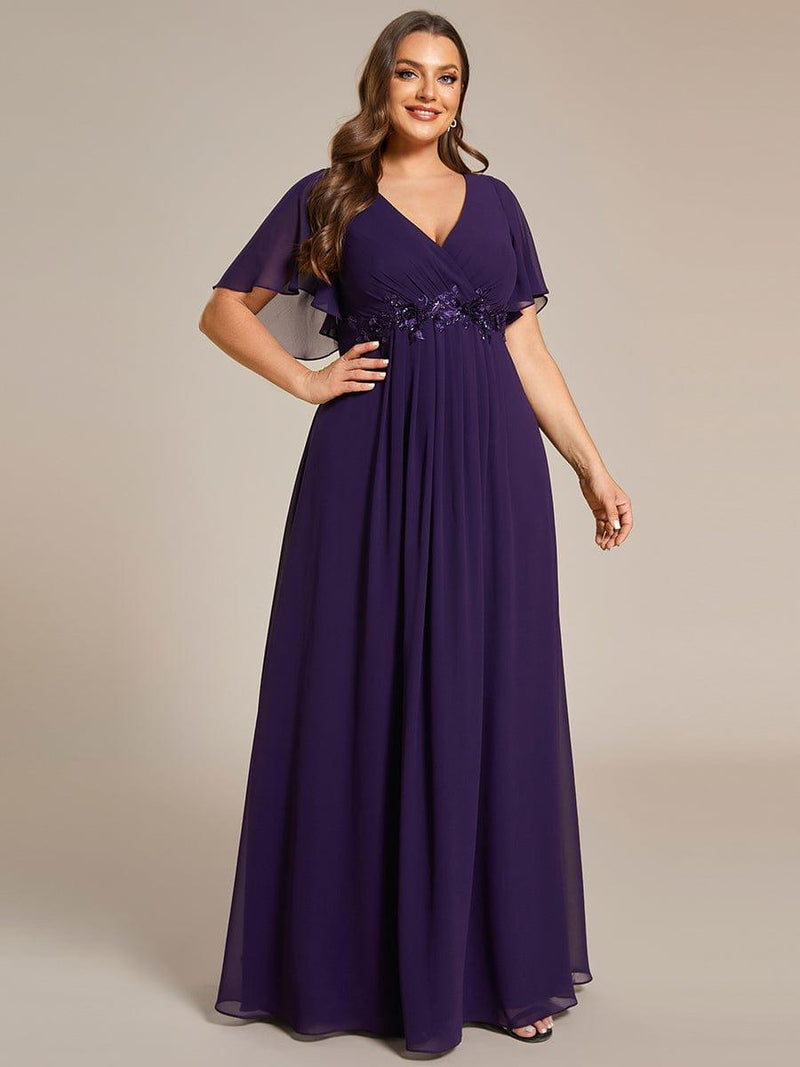 pretty IVYROSE|Plus Size Floral Applique Short Sleeve A-Line Chiffon Formal Evening Dress